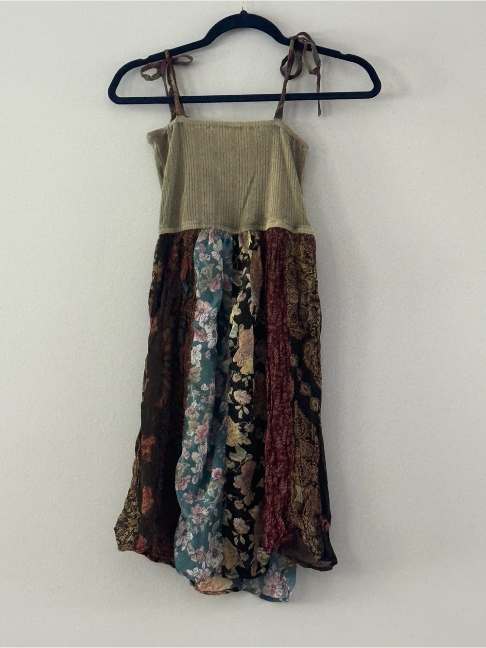 Young Threads Tiered Floral Patchwork Mini Dress with Tie Straps - Olive